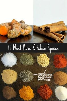 different spices and herbs are shown in this collage with the words 11 must have kitchen spices