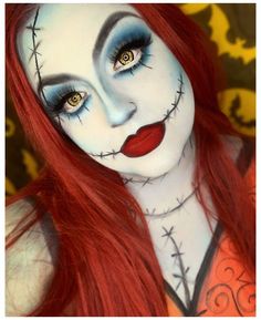 Sallys Makeup Nightmare Before Christmas, Sally From Nightmare Before Christmas Makeup, Sally Make Up Nightmare Before Christmas, Sally Eye Makeup Halloween, Diy Jack Skellington Costume Women, Sally Makeup Looks, Jack And Sally Makeup, Jack And Sally Halloween Costumes