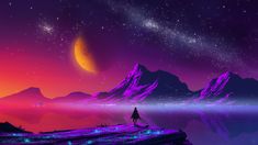 a person standing on top of a mountain under a purple sky with stars and planets