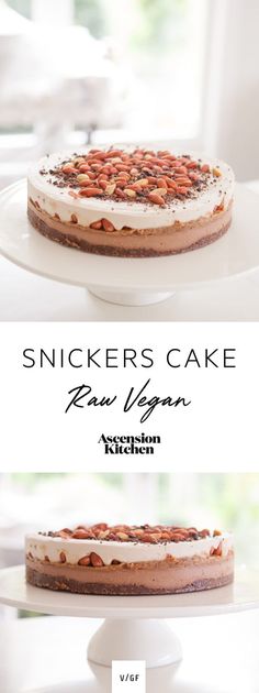 two cakes sitting on top of each other with the words, snickkers cake raw vegan