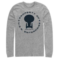 a grey long - sleeved t - shirt with the words property of an enterprise on it