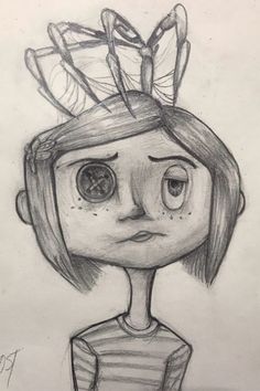 a drawing of a girl with big eyes and a bow on her head, wearing a striped shirt