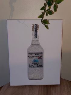 there is a bottle that has been placed on top of a box with a plant growing out of it