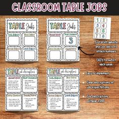 the classroom table jobs for students to use on their own desks, with text and numbers