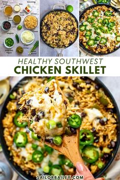 Easy one pan Southwest Chicken Skillet with salsa verde in every bite is a huge crowd pleaser and so satisfying. Try this protein-packed and flavorful meal for a healthy dinner recipe or lunch idea.