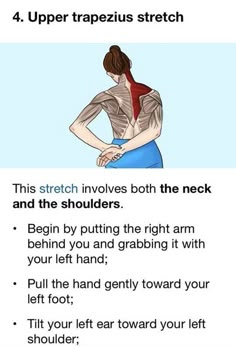 a woman with her back to the camera and text that reads, upper trapezius stretch