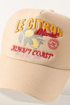 Cotton with polyester mesh backing Spot clean Imported | Le Citron Trucker Hat by Worn/West in Beige, Women's, Polyester/Cotton/Mesh at Anthropologie Trucker Hat Women, Merch Ideas, Trucker Hat, Anthropologie, Mesh, Orange, Hats, Quick Saves