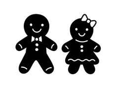 two black and white silhouettes of people dressed up as gingerbread man and woman