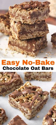 no bake chocolate oat bars stacked on top of each other with text overlay