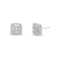 Complete all your favorite looks with sparkle and sophistication when you wear these princess-cut diamond double frame stud earrings. Created in cool 10K white gold Each earring showcases a dainty princess-cut diamond sparkling in an open square-shaped frame of round diamonds. The outer cushion-shaped diamond-lined frame completes the design. Captivating with 1/4 ct. t.w. of diamonds These post earrings secure comfortably with friction backs. Princess Cut Diamond Earrings, Double Frame, Square Earrings, Princess Cut Diamonds, Princess Cut, Post Earrings, Round Diamonds, Diamond Earrings, Diamonds