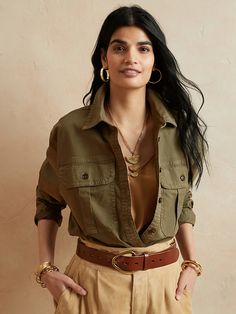 Oversized Safari Shirt Jacket | Banana Republic Safari Fashion Women, Safari Costume, Look Boho Chic, Safari Shirt, Adventure Outfit