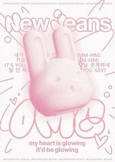 a pink poster with the words new jeans on it's face and an image of a bunny