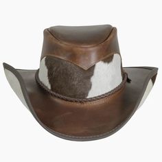 This exquisite Pinto leather cowboy hat offers the perfect combination of western and urban style. Its classic western outback brim, hair on calf mid crown, and brown three-braided band with a brown leather tab make for a sophisticated and timeless design. Whether you're looking to complete a cosmopolitan look or embrace your inner cowboy, this classic piece will always be en vogue. Featuring a super comfortable removable sweatband liner that attaches securely with velcro tabs sewn-in to the hat Fitted Brown Western Hat, Leather Fedora With Curved Brim For Country Events, Fitted Western Brown Hat Bands, Fitted Brown Western Hat Bands, Fitted Brown Country Hat Bands, Fitted Brown Country Style Hat Bands, Country Style Distressed Brown Leather Hat Bands, Fitted Rustic Brown Hat, Rustic Brown Fitted Hat