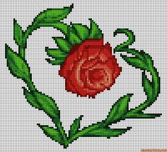 a red rose with green leaves is shown in the cross stitch pattern on a white background