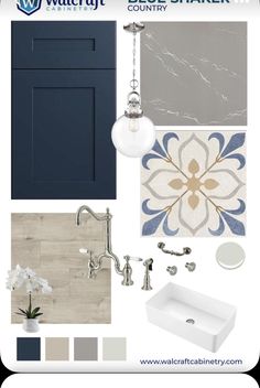 blue and gray bathroom design board with white accents