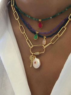 Carabiner Necklace, Gold Ruby Necklace, Gold Gemstone Necklace, Chunky Gold Necklaces, Elisha Cuthbert, Boho Styl, Lock Necklace, Gold Bead Necklace