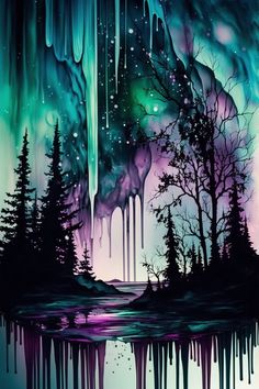 an aurora bore painting with trees and water