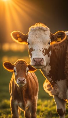 two brown and white cows standing next to each other on a lush green grass covered field