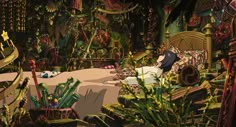 an animated scene with a woman laying in bed surrounded by plants