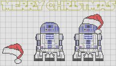 a cross stitch pattern with two robots on each side and the words merry christmas written in red