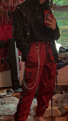 red and black grunge/rocker style for colder weather 1990s Aesthetic Outfits Men, Grunge Red Outfit Male, Guys Punk Outfit, Red And Black Goth Outfits Men, Punk Fashion Aesthetic Mens, Red And Black Streetwear Outfit Men, Rock Outfits Male, Men In Red Outfit, Clothes For Ocs Male