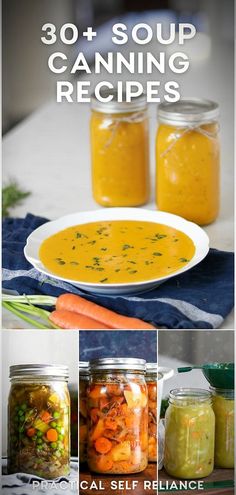 several jars filled with soup and vegetables on top of a table