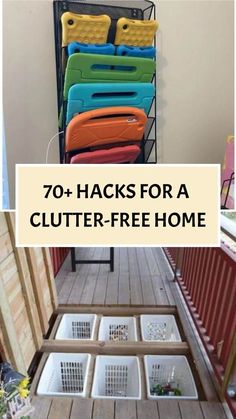 there is a rack with lots of plastic containers on it and the words, 70 hacks for a clutter - free home