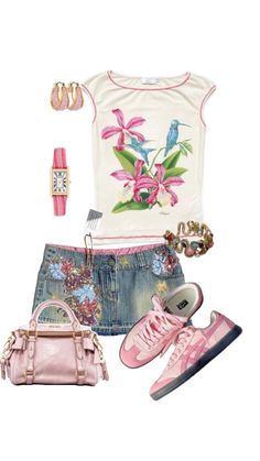 Jean Skirt Outfit, Light Pink Shoes, White Baby Tee, 2000s Fashion Outfits, Pink Jewelry, Mode Inspo