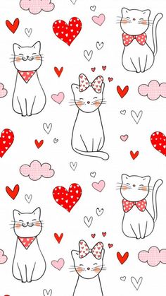 cats with hearts and bow ties on a white background