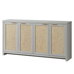 the sideboard with three doors and two drawers is made from wood, bamboo and fabric