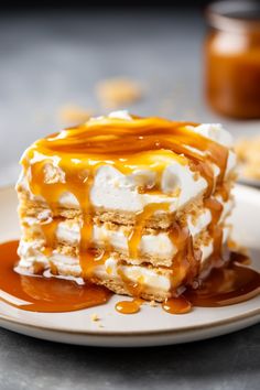 a piece of cake on a plate with caramel sauce