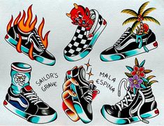 four pairs of shoes with tattoos on them