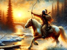 a painting of a native american man riding a horse in the snow with an arrow