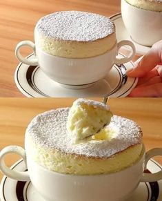 there is a cake in a cup with powdered sugar on the top and bottom