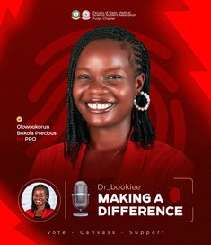 a woman with dreadlocks smiling in front of a red background and the words making a difference