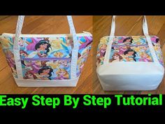 an easy tote bag with princess images on it and the words, easy step by step