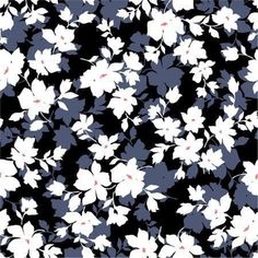 an abstract floral pattern with white and blue flowers on a black background, suitable for wallpaper or fabric