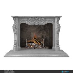 a white fireplace with a fire in it