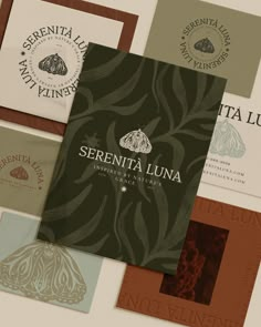 several different types of wine labels on a white surface with the words serenita luna written below them