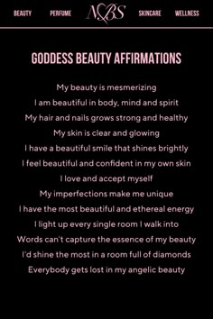 an image of a woman's face with the words goddess beauty affirmations on it