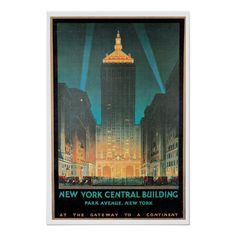 an advertisement for the new york central building is shown in black and gold, as well as