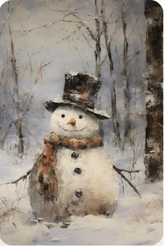 a painting of a snowman wearing a top hat and scarf with trees in the background