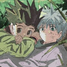 two anime characters laying in the grass with their eyes closed and one looking at the camera