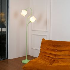 a living room with an orange couch and a green floor lamp next to it on a hard wood floor