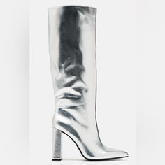 Zara Metallic Knee Heeled Boots Nwt Size 10 Metallic Boots Silver Boots Heeled Boots Knee High Boots Denim Knee High Boots, Shiny Boots, Metallic High Heels, Square Toe Ankle Boots, Crocs Boots, Snake Print Boots, Metallic Boots, Silver Boots, Zara Heels