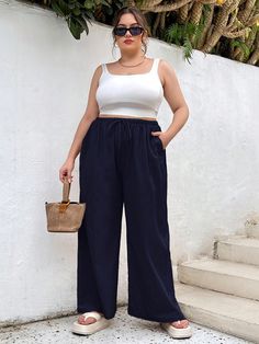 Plus Size Women's Summer Casual Vacation Loose Imitation Cotton And Linen Wide-Leg Pants Royal Blue Casual   Woven Fabric Plain Wide Leg Non-Stretch  Women Plus Clothing, size features are:Bust: ,Length: ,Sleeve Length: Plus Size Wide Leg Pants, Plus Size Wide Leg, Wide Leg Linen Pants, Plus Size Pants, Pantalon Large, Makeup Routine, Plus Clothing, Women's Style, Summer Casual