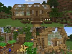 two different views of a house in the middle of some trees and bushes, one is minecraft