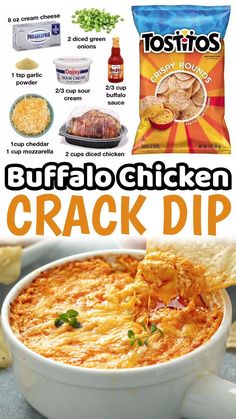 The BEST Buffalo Chicken Dip | Recipe in 2022 | Dip recipes hot, Dip recipes easy, Appetizers easy finger food Cheesy Buffalo Chicken, Chicken Dip Recipe, Appetizers Easy Finger Food, Finger Foods Easy, Chicken Dip, Sliced Baguette, Superbowl Party Food, Pita Chips