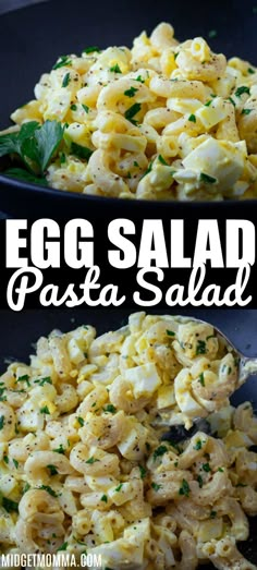 egg salad with pasta and parsley in a black bowl