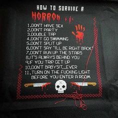 the back of a backpack with a cross stitched poem written in red on it